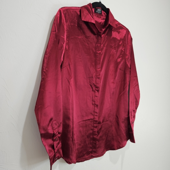 Lucca Wildfang Satin Shirt Button Up Long Sleeve Blouse Maroon Red Silky Small - Picture 4 of 16